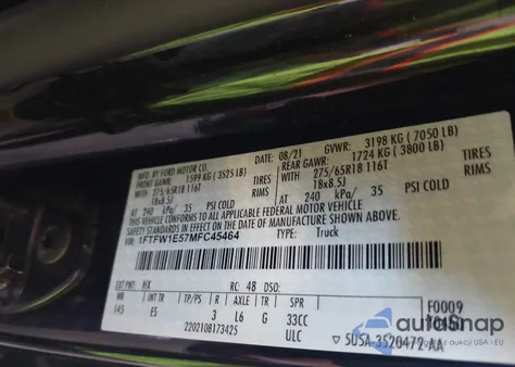 2021 Ford F-150 Lariat z USA, uszkodzony, nr VIN 1FTFW1E57MFC45464